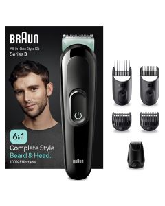 Braun Recortadora Todo En Uno Series 3 MGK3411, Kit 6 En 1 De Afeitado Diario Para Hombres, Para Recorte De Barba, Cortar El Pelo Y Más, Con Lámina Ultraafilada, Cabezales Y Peines Lavables, Recargable, 50 Min De Autonomía Inalámbrica