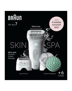 Braun Silk-épil 7 SkinSpa, Depiladora Con Cabezal Ancho Para Una Fácil Eliminación Del Vello, Depilación En Seco Y En Mojado, Piel Suave Duradera, Kit Todo En Uno,  7-081, Blanca/Plateada