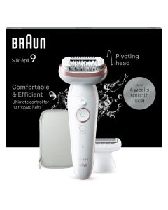 Braun Silk-épil 9, Depiladora Con Cabezal Oscilante Para Una Eliminación Del Vello Fácil, En Seco Y En Mojado, Piel suave Duradera, Con Cabezal De Rasuradora Femenina Y Peine De Recorte, 9-030, Blanco/Flamenco