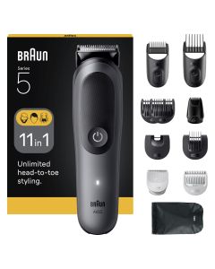 Braun Todo En Uno Series 5 AIO5560, Kit De Styling 11en1, Lámina Ultra Afilada, 120 Min, SkinGuard Para el Cuerpo, Recorte Preciso Y Eficiente, AquaGrip Para Uso Bajo el Agua, Gris