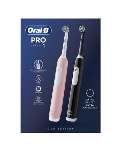 Oral-B Pro Series 1 Pack Doble, Cepillos De Dientes Eléctricos Rosa Y Negro, 2 Cabezales, Diseñado Por Braun