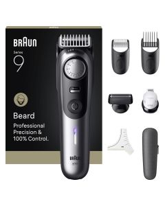 Braun Recortadora De Barba Series 9 BT9520, +7 Accesorios Para Barba, PowerBoost Y ProBlade Ultra Afilada, 180 Min, Degradado, 52 Longitudes, Dial De Precisión Y Bloqueo, Resistente Al Agua, Cromo