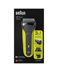 Braun Series 3 Shave&Style 300BT Afeitadora Eléctrica 3 en 1, Maquinilla Para Hombre Con Recortadora De Precisión Para La Barba Y 5 Peines, Afeitadora Recargable E Inalámbrica, Negro/Verde Eléctrico