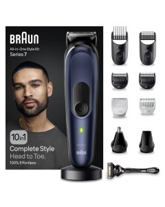 Braun Recortadora Todo En Uno Series 7 MGK7421, Kit 10en1 Afeitado Masculino, Recorte De Barba, Depilación Masculina, Corte De Pelo, Nariz, Orejas, Base De Carga, Estuche, Resistente Al Agua, Recargable, 100 Min Autonomía Inalámbrica